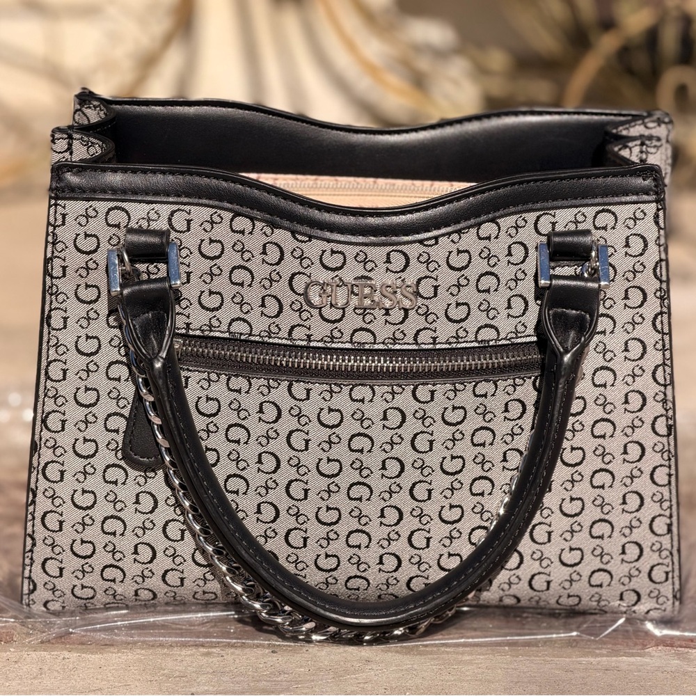 GUESS Black and Gray Monogram Top-handle Satchel